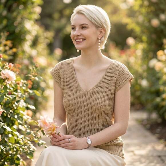 Lauren Ralph Lauren Sweaters - Linen-Blend Ribbed V-Neck Short Dolman Sleeve Sweater Beige Medium
